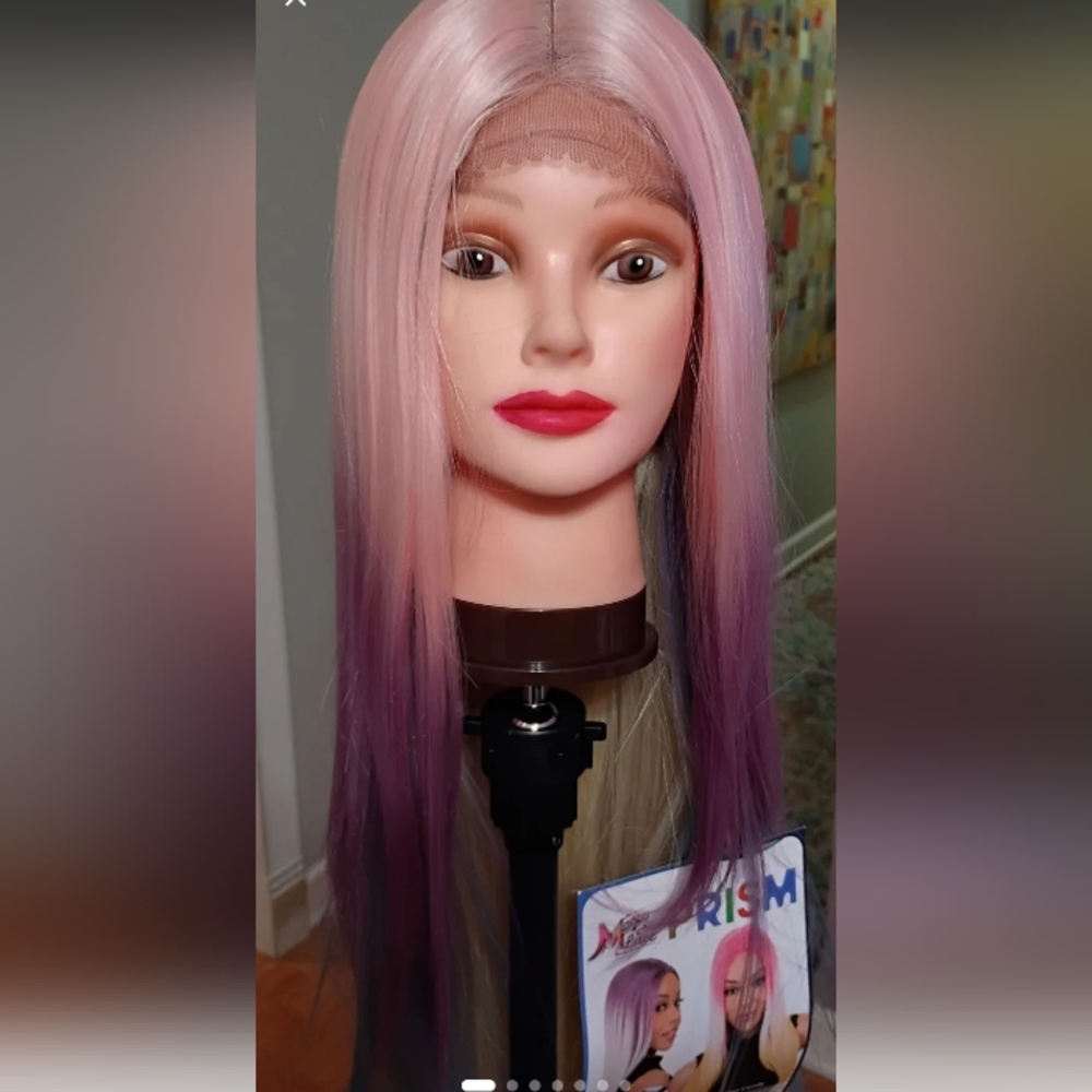 Long straight pink purple blue yellow lace front t-part synthetic wig